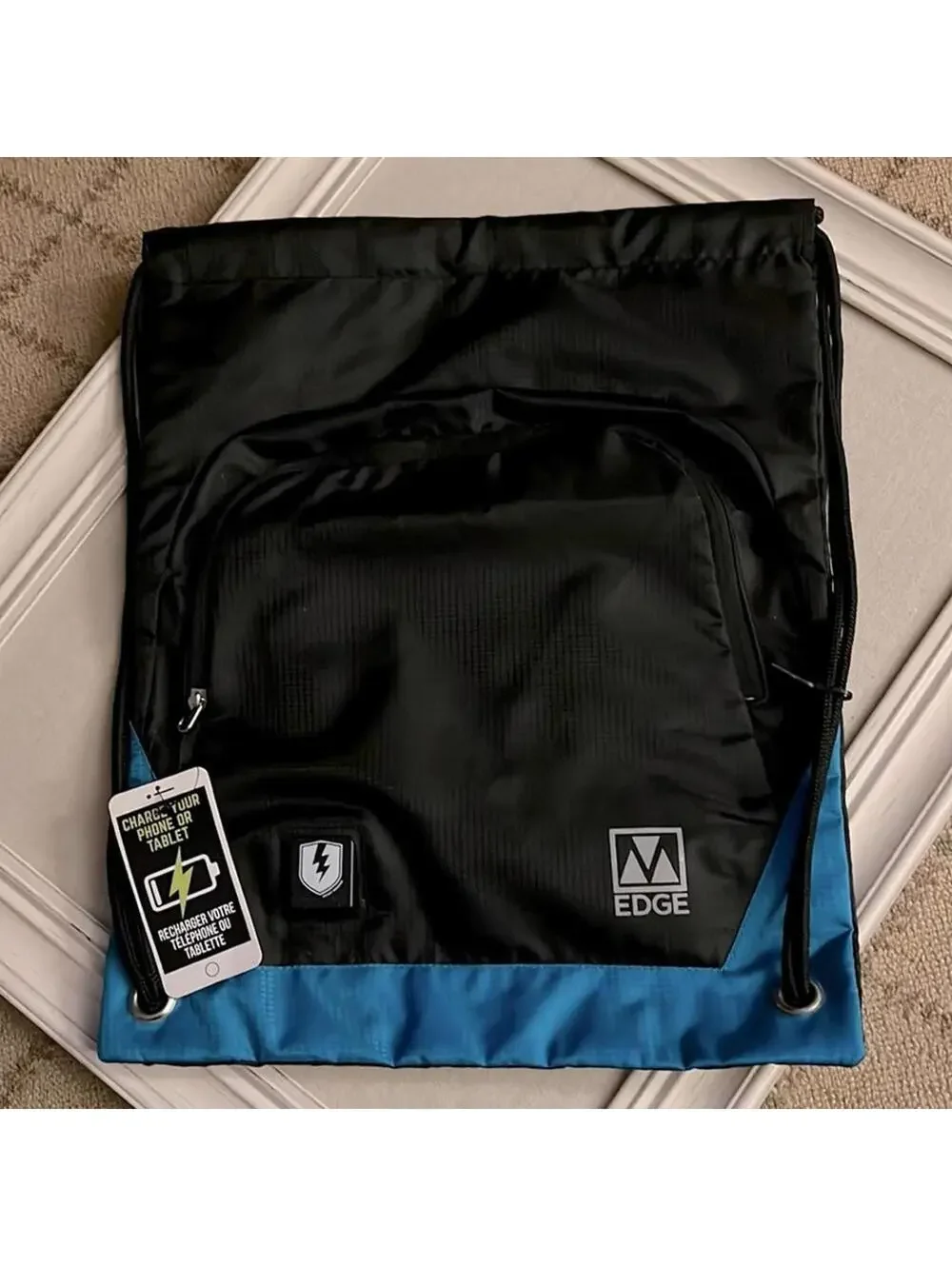 M Edge Tech Sackpack with Rechargeable portable phone battery NWT BLACK/ Blue